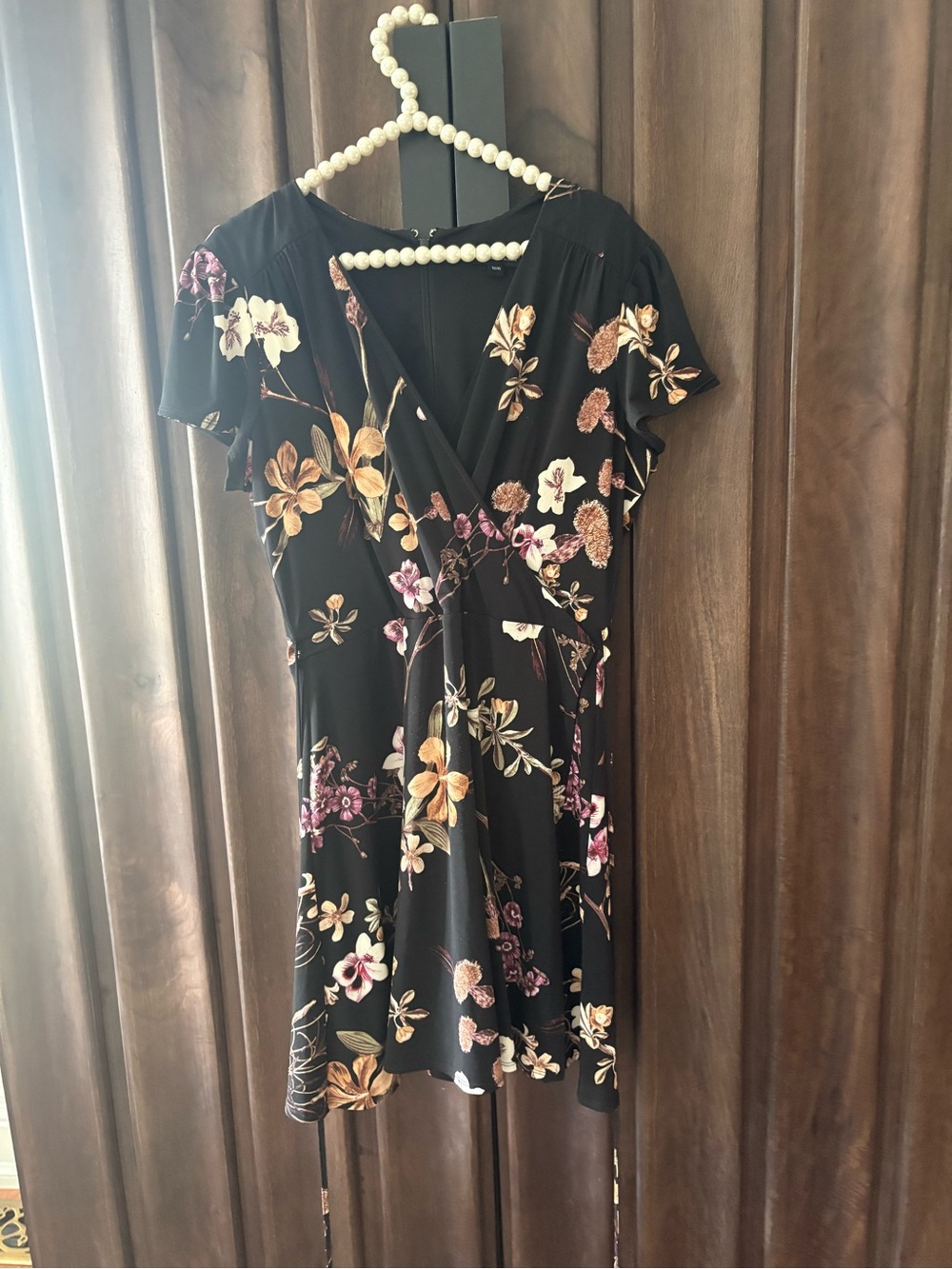 le château Black Floral Wrap Dress with Cream and Pink Accents